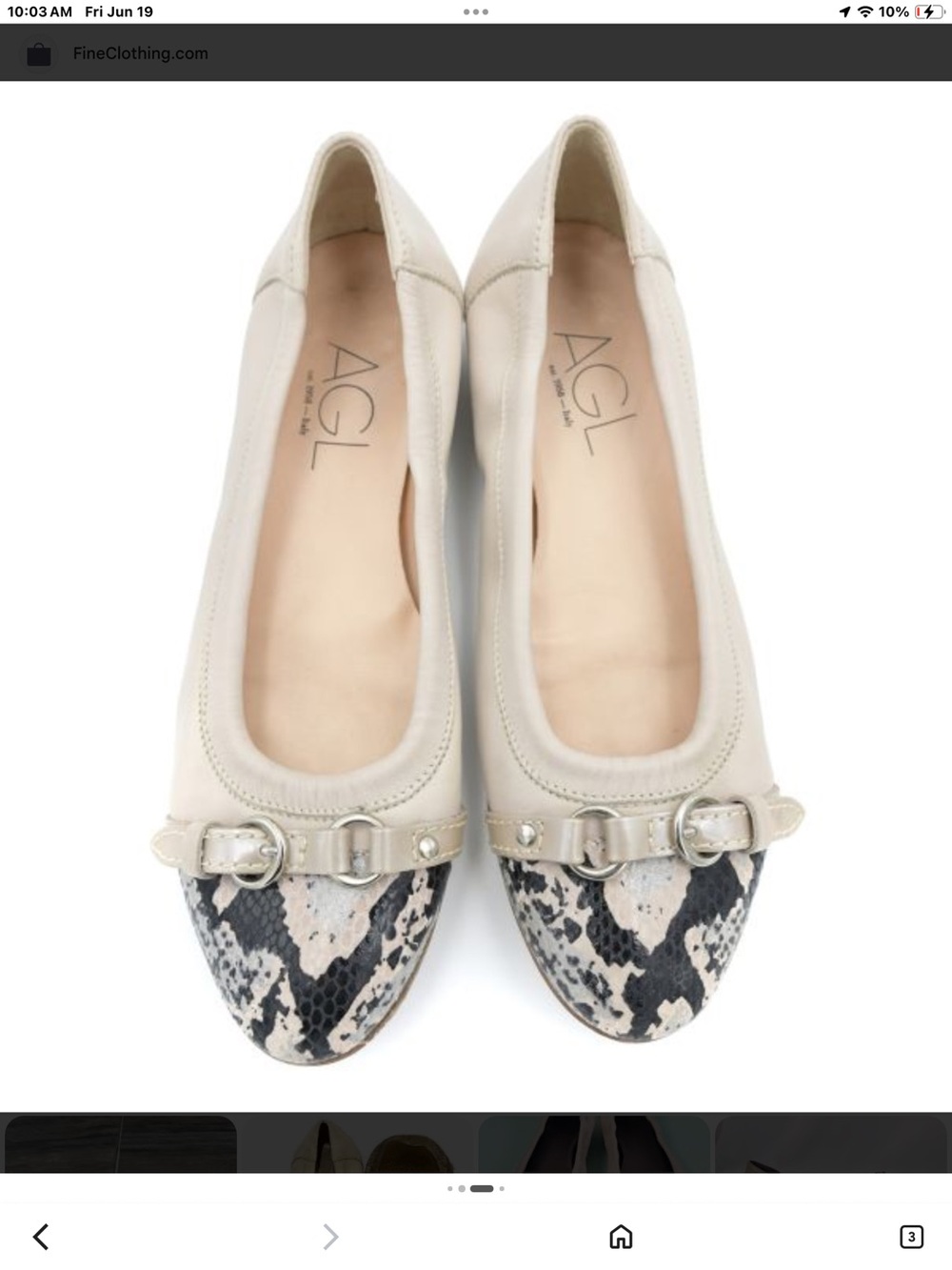 AGL Cream Leather Ballet Flats with Snakeskin-Print Toe and Buckle